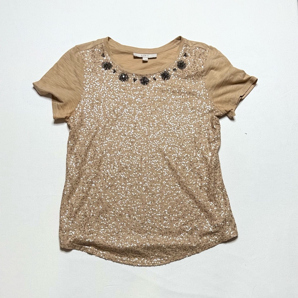 LOFT Tan Sequins T-Shirt Size Small Casual Sparkle Tee